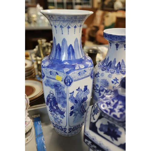 470 - Oriental style blue & white 2 large vases & 1 lidded jar