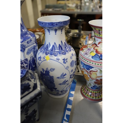 470 - Oriental style blue & white 2 large vases & 1 lidded jar