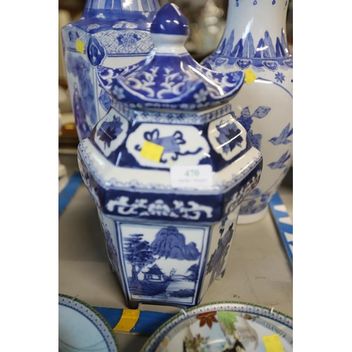 470 - Oriental style blue & white 2 large vases & 1 lidded jar