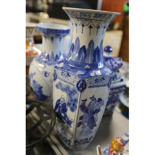 470 - Oriental style blue & white 2 large vases & 1 lidded jar