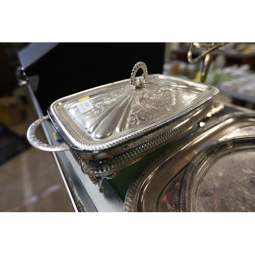 479 - Plated ware, caldelabra, serving dish & 2 trays