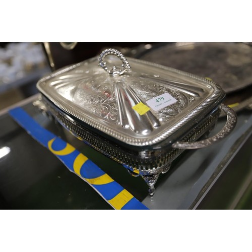 479 - Plated ware, caldelabra, serving dish & 2 trays