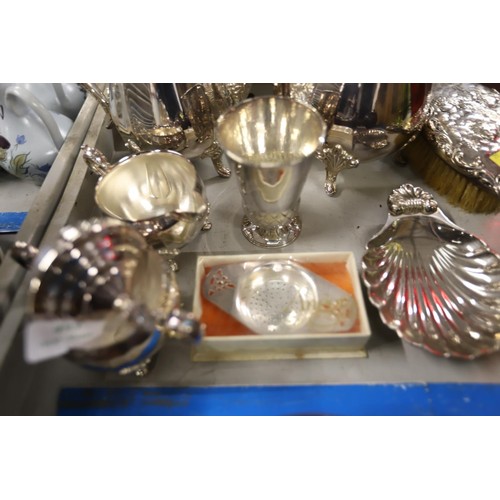 493 - Box containing Viners plated tea set & silver hair brush