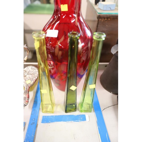 495 - Big red vase & 3 slim coloured glass