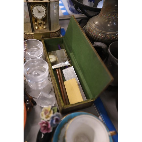 501 - Qty of collectables, incl clock, candlesticks, cups, saucer, cutlery, etc