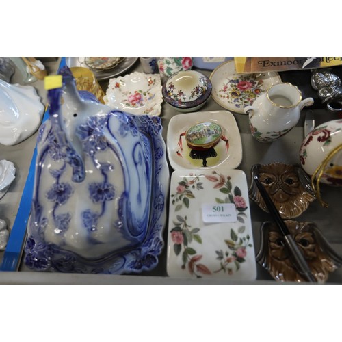 501 - Qty of collectables, incl clock, candlesticks, cups, saucer, cutlery, etc