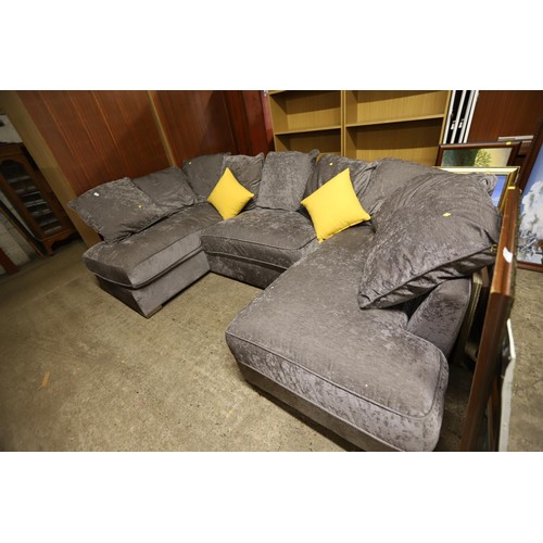 605 - Grey fabric c shaped sofa with cushions