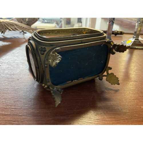 414 - Antique French brass, painted glass trinket box/casket