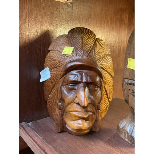 421 - Carved wooden antique African head & carved wooden Indian head