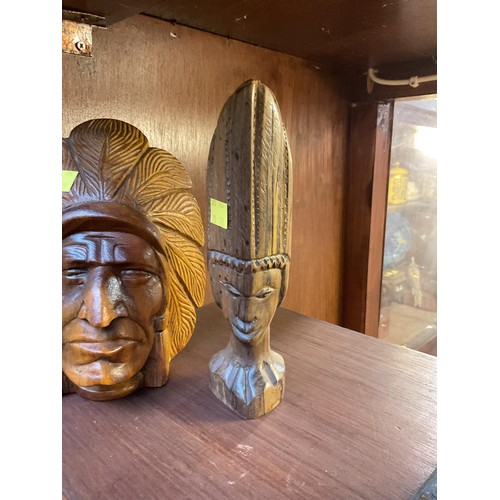 421 - Carved wooden antique African head & carved wooden Indian head