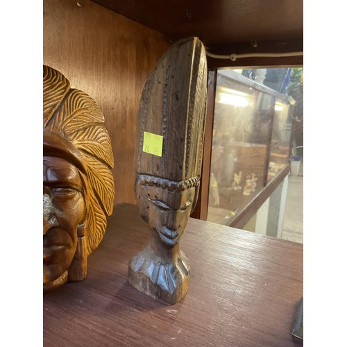 421 - Carved wooden antique African head & carved wooden Indian head