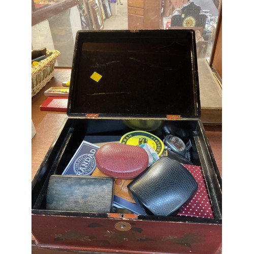 434 - Lacquered box with small misc items, incl various watches, cufflinks, rings, pens, etc