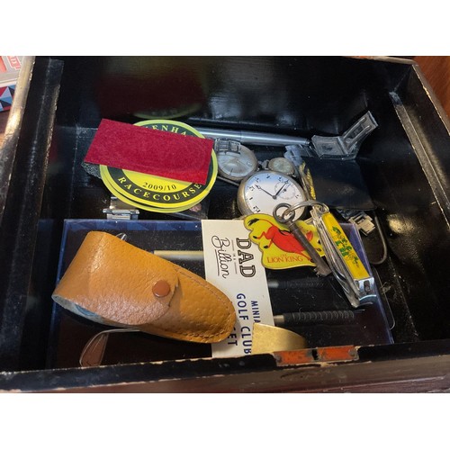 434 - Lacquered box with small misc items, incl various watches, cufflinks, rings, pens, etc