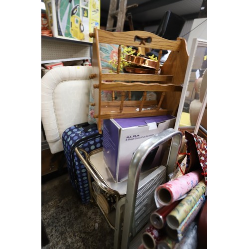 79 - Ironing board, tea trolley, headboard, etc