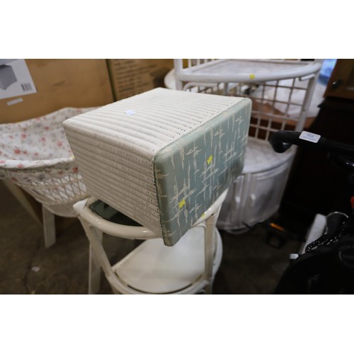 163 - Lloyd Loom storage stool, wicker corner unit & 2 tier hall table