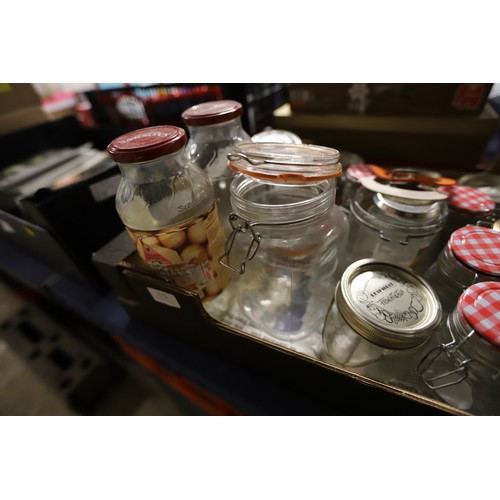 212 - Box of kilner jars, jam jars, pickle jars