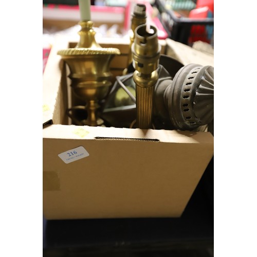 216 - Box of brass lamps & carriage