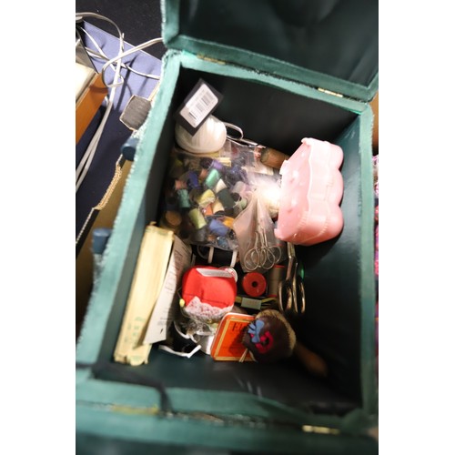 222 - Sewing box with contents & padded coat hangers