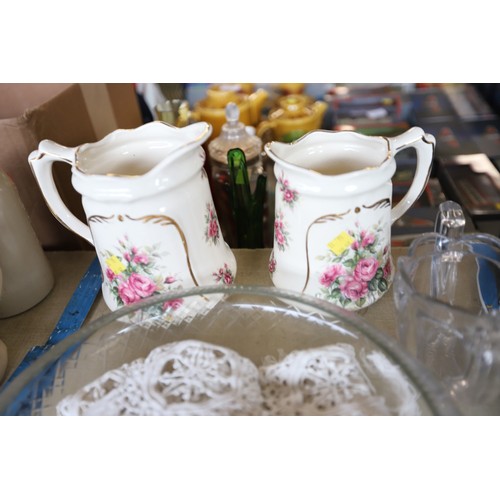 323 - 2 jugs, glass fruit bowl, small glass jug & glass ornament