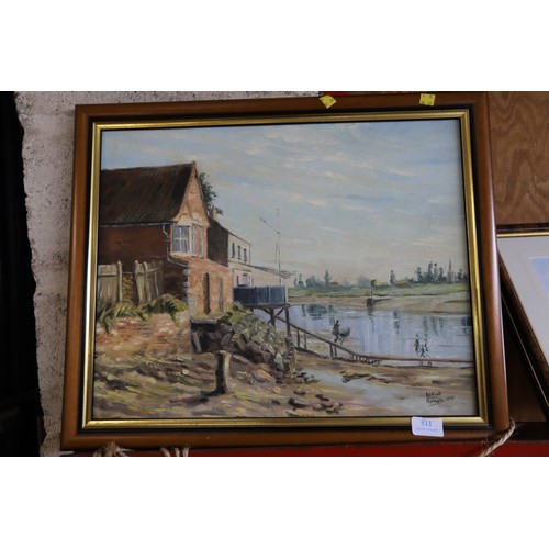 511 - Framed oil on board, view across the River Ouse to West Lynn Church, signed & dated