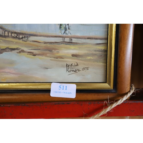 511 - Framed oil on board, view across the River Ouse to West Lynn Church, signed & dated