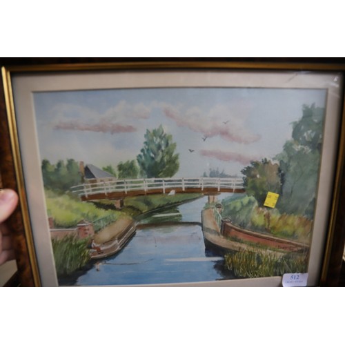 512 - 2 framed & glazed watercolours, town bridge Wisbech & Outwell aqueduct