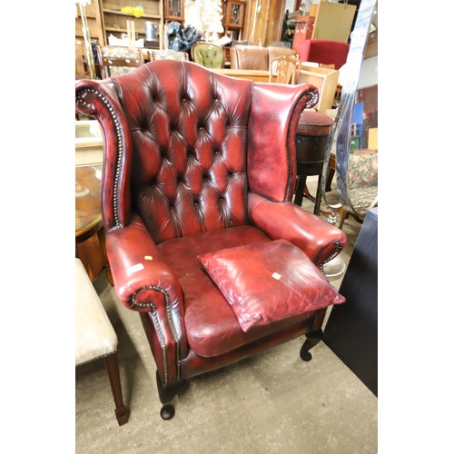 626 - Oxblood Red leather Button back wing armchair with footstool & cushion