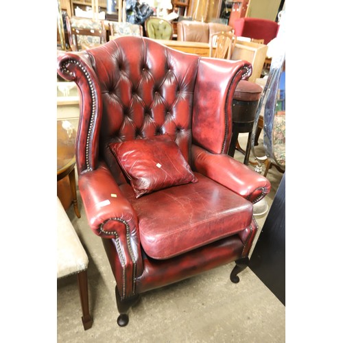 626 - Oxblood Red leather Button back wing armchair with footstool & cushion