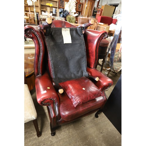 626 - Oxblood Red leather Button back wing armchair with footstool & cushion