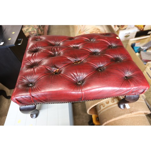 626 - Oxblood Red leather Button back wing armchair with footstool & cushion