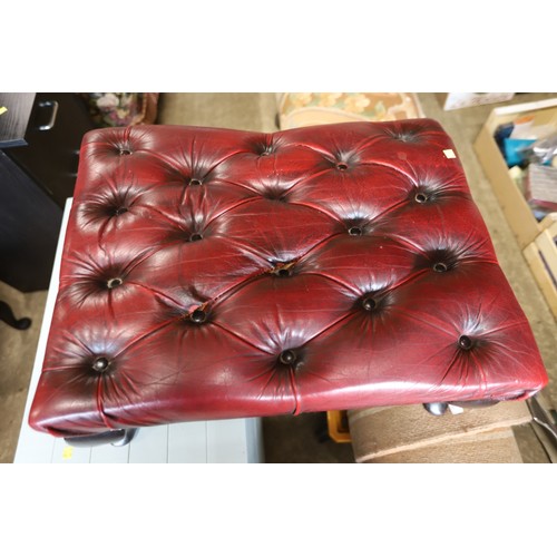 626 - Oxblood Red leather Button back wing armchair with footstool & cushion