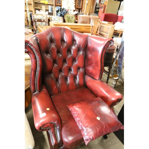 626 - Oxblood Red leather Button back wing armchair with footstool & cushion