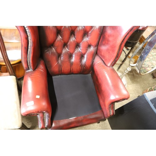 626 - Oxblood Red leather Button back wing armchair with footstool & cushion