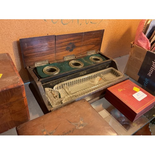 477 - Triple inkwell pen holder, various wooden boxes & tins