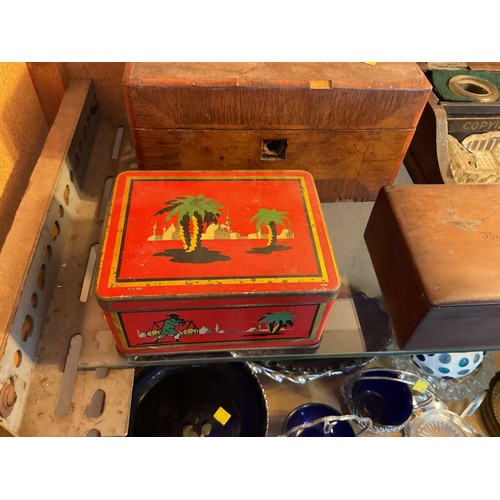 477 - Triple inkwell pen holder, various wooden boxes & tins