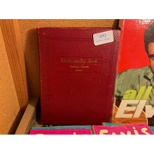 492 - Elvis Presley memorabilia, incl various singles, Elvis monthly, ephemera, etc