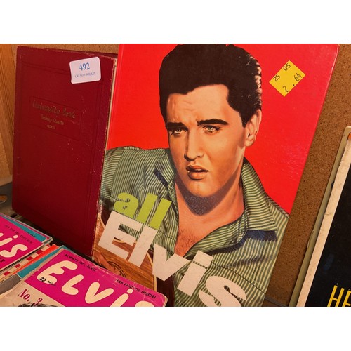 492 - Elvis Presley memorabilia, incl various singles, Elvis monthly, ephemera, etc