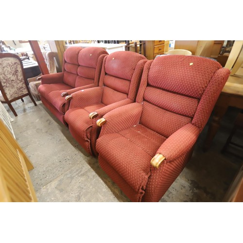 668 - Red 2-seater sofa & 2 chairs