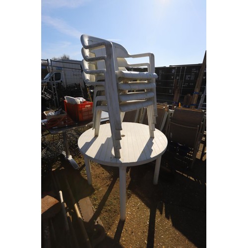 57 - White plastic garden table with 4 chairs