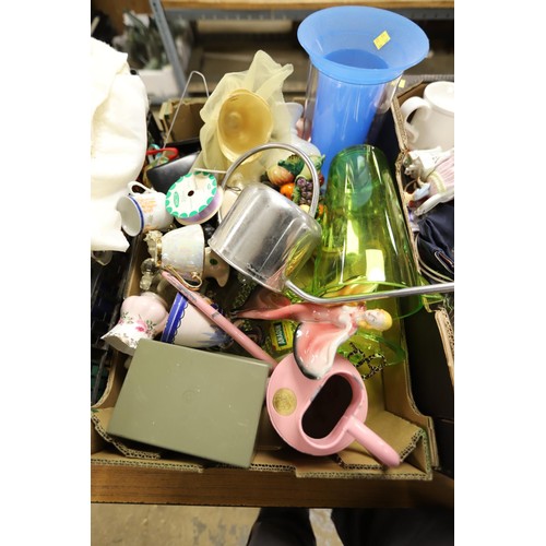 278 - 4 boxes of misc, incl ornaments, cups, jugs, linen, etc