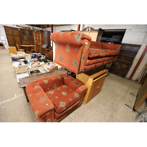 691 - Large 3-seater Chesterfield & chair red pattern