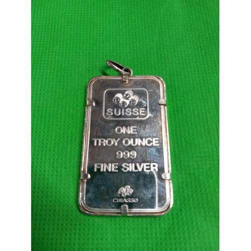 414 - Pamp lady fortuna 1 troy ounce silver bar in silver pendant mount