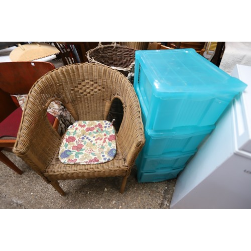 162 - Bookcase, 2 chairs, footstool, plastic storage