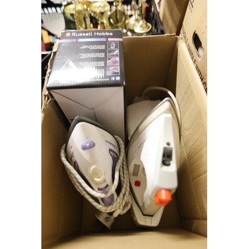 201 - 3 irons - 2 Morphy Richards, 1 Russell Hobbs (1 cordless) - warranted until 12 noon Tuesday followin... 