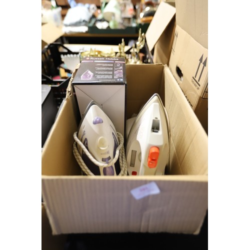 201 - 3 irons - 2 Morphy Richards, 1 Russell Hobbs (1 cordless) - warranted until 12 noon Tuesday followin... 