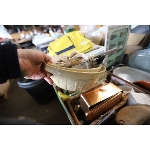 303 - 8 boxes of misc, incl kitchenware, wall clock, etc