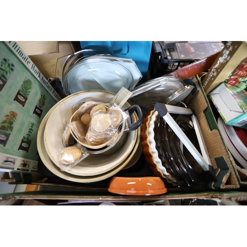 303 - 8 boxes of misc, incl kitchenware, wall clock, etc