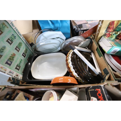 303 - 8 boxes of misc, incl kitchenware, wall clock, etc