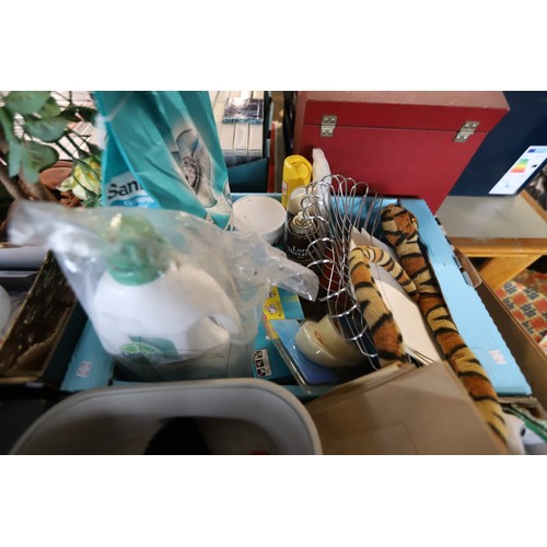 303 - 8 boxes of misc, incl kitchenware, wall clock, etc