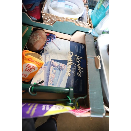 303 - 8 boxes of misc, incl kitchenware, wall clock, etc